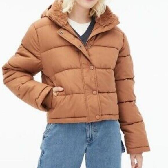 Aeropostale Copper Brown Remixed Down Hooded Fur Puffer Jacket L - Picture 1 of 9